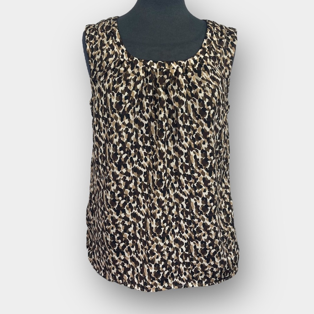 Talbots Women’s Sleeveless Blouse S Leopard Scoop Neck Pleated Front